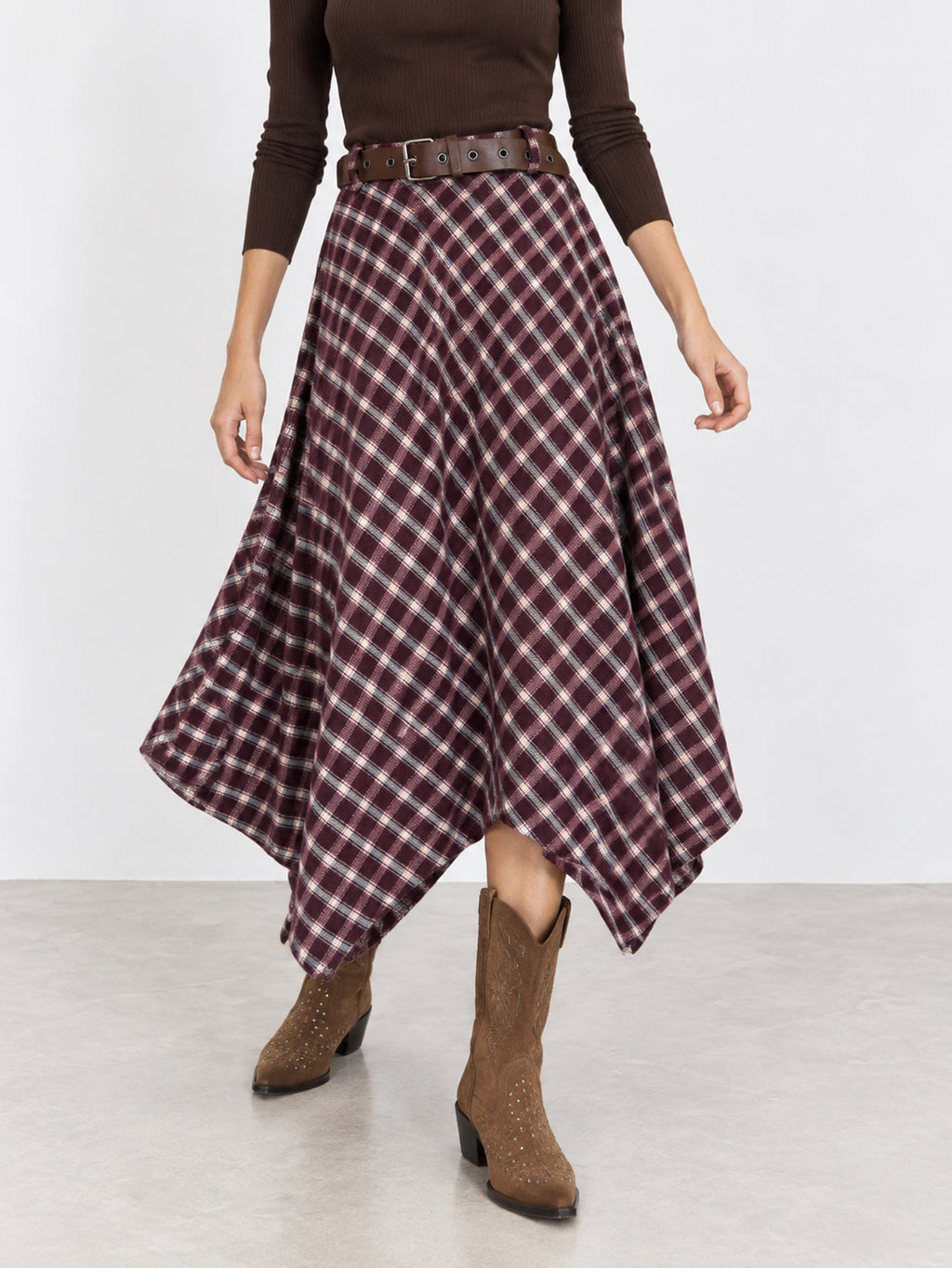Beatriz burgundy check midi skirt – view 2