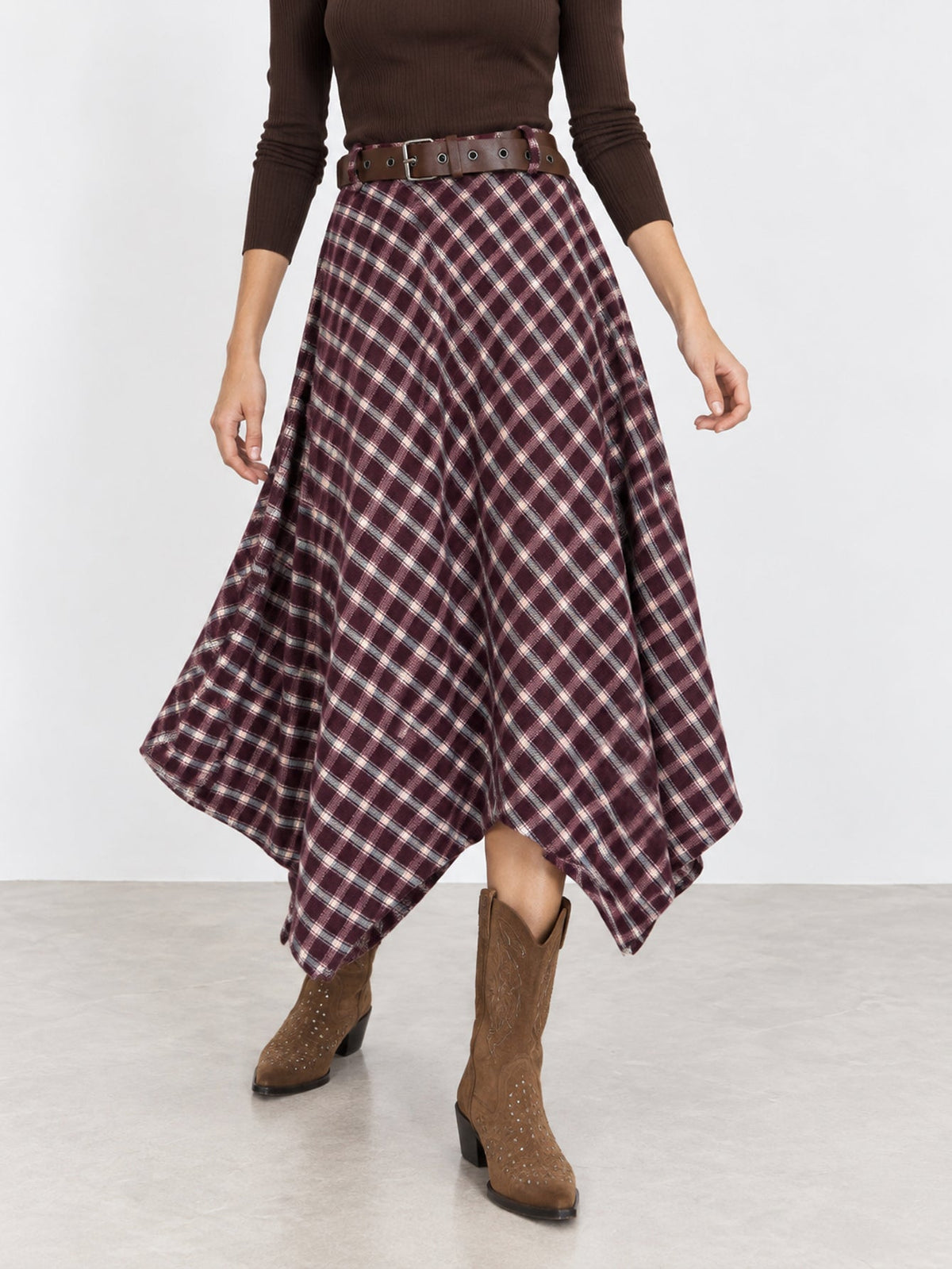 Beatriz burgundy check midi skirt – view 2