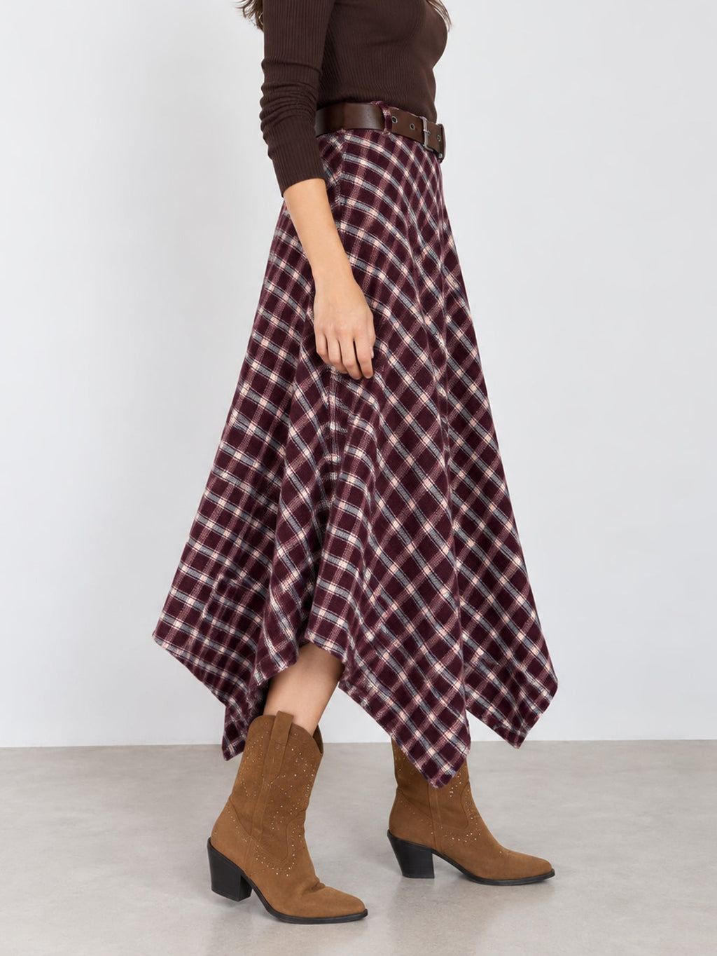Beatriz burgundy check midi skirt – view 3