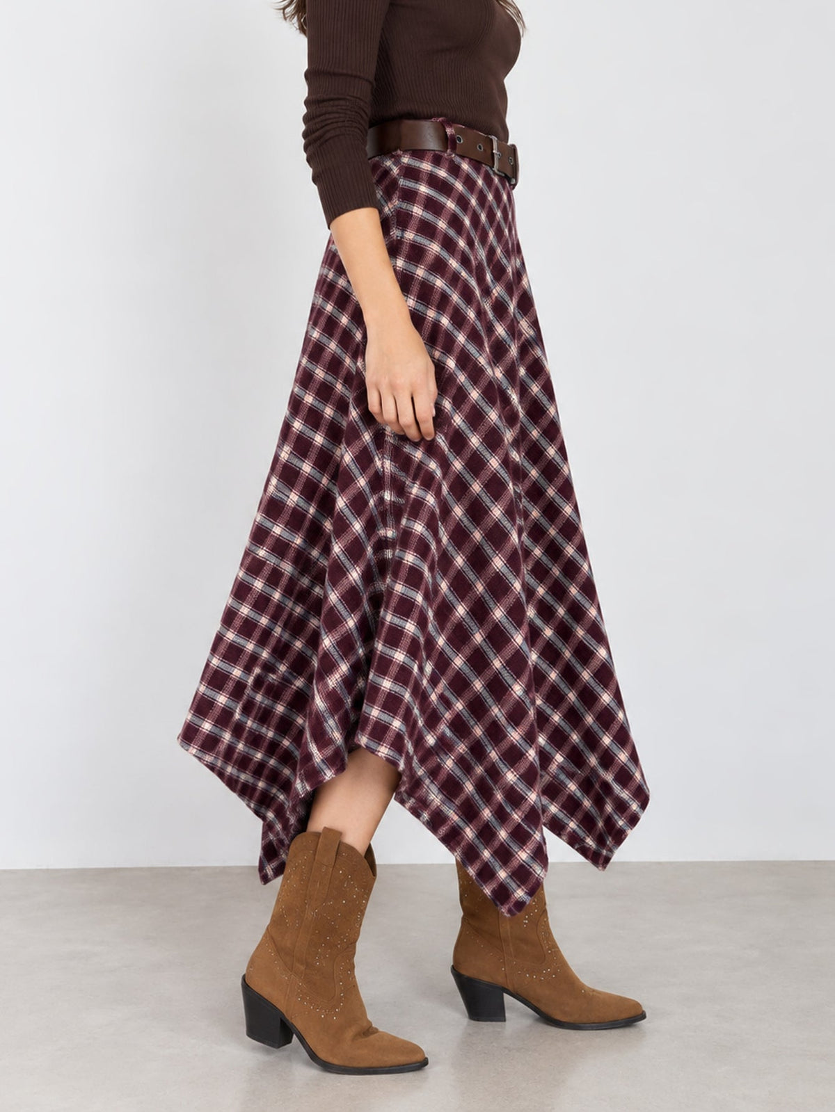 Beatriz burgundy check midi skirt – view 3