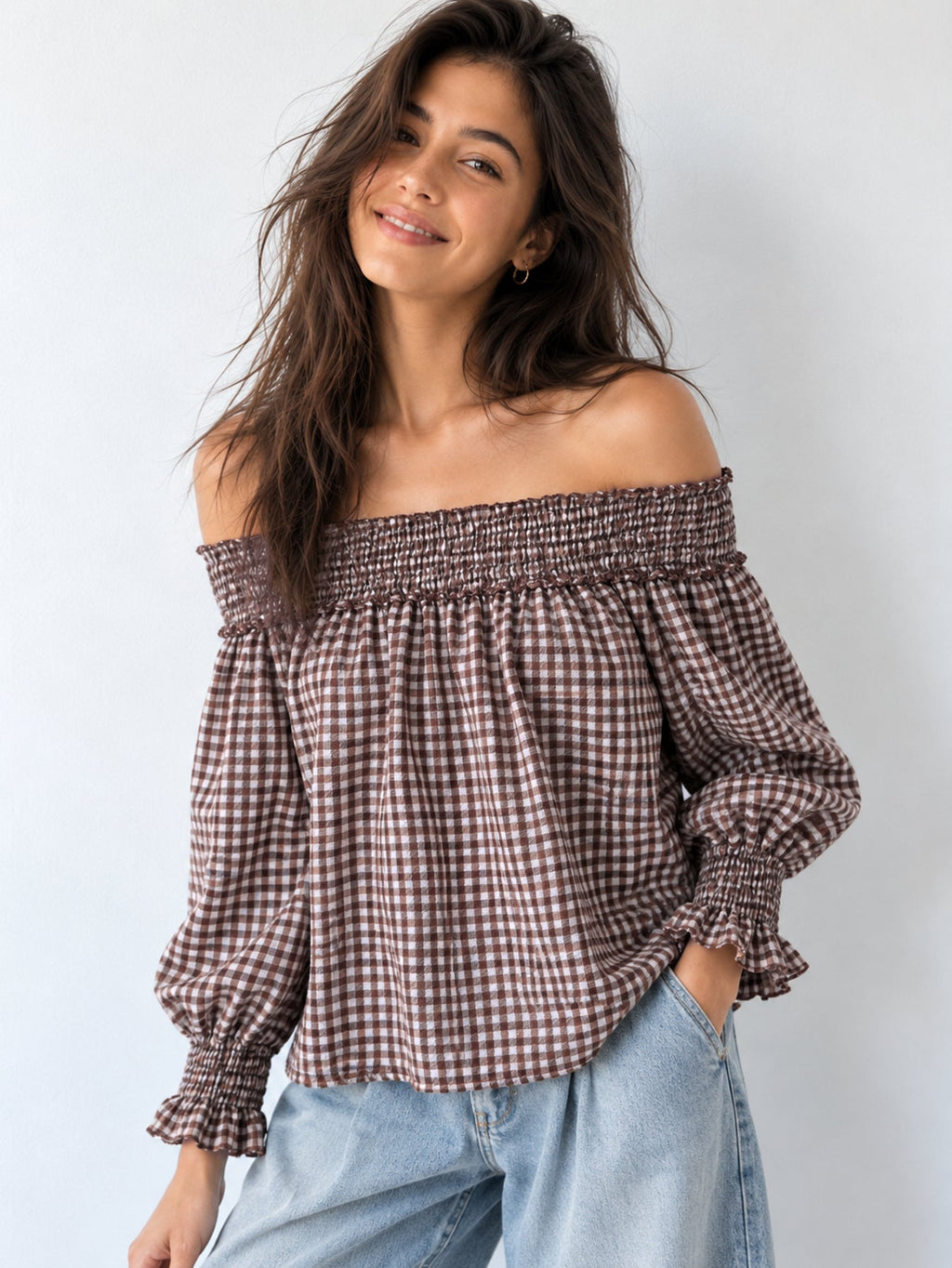 Elise brown check off-the-shoulder blouse