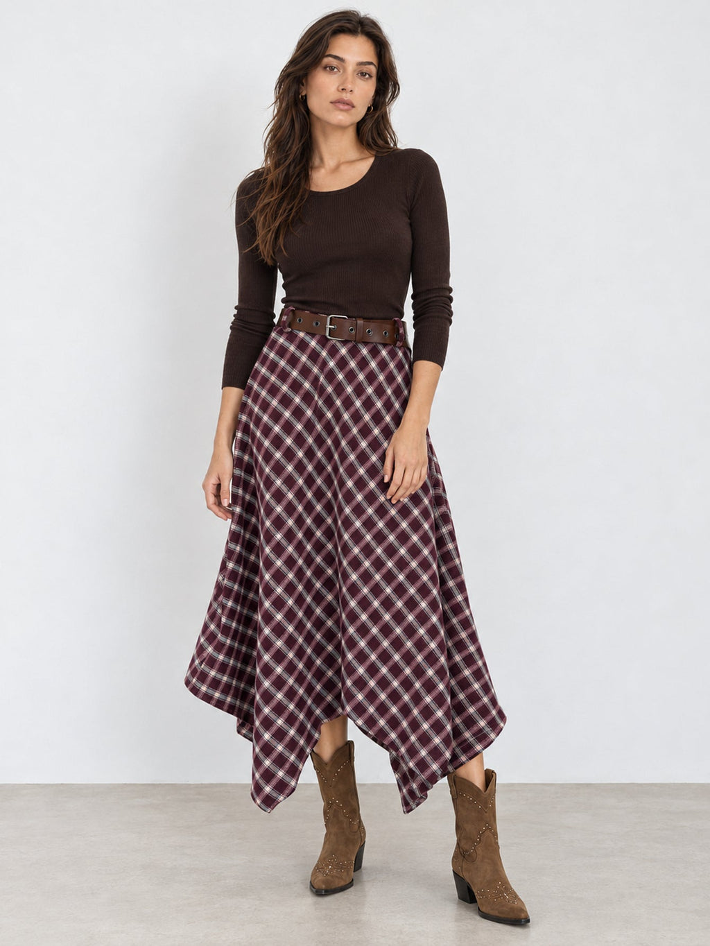 Beatriz burgundy check midi skirt